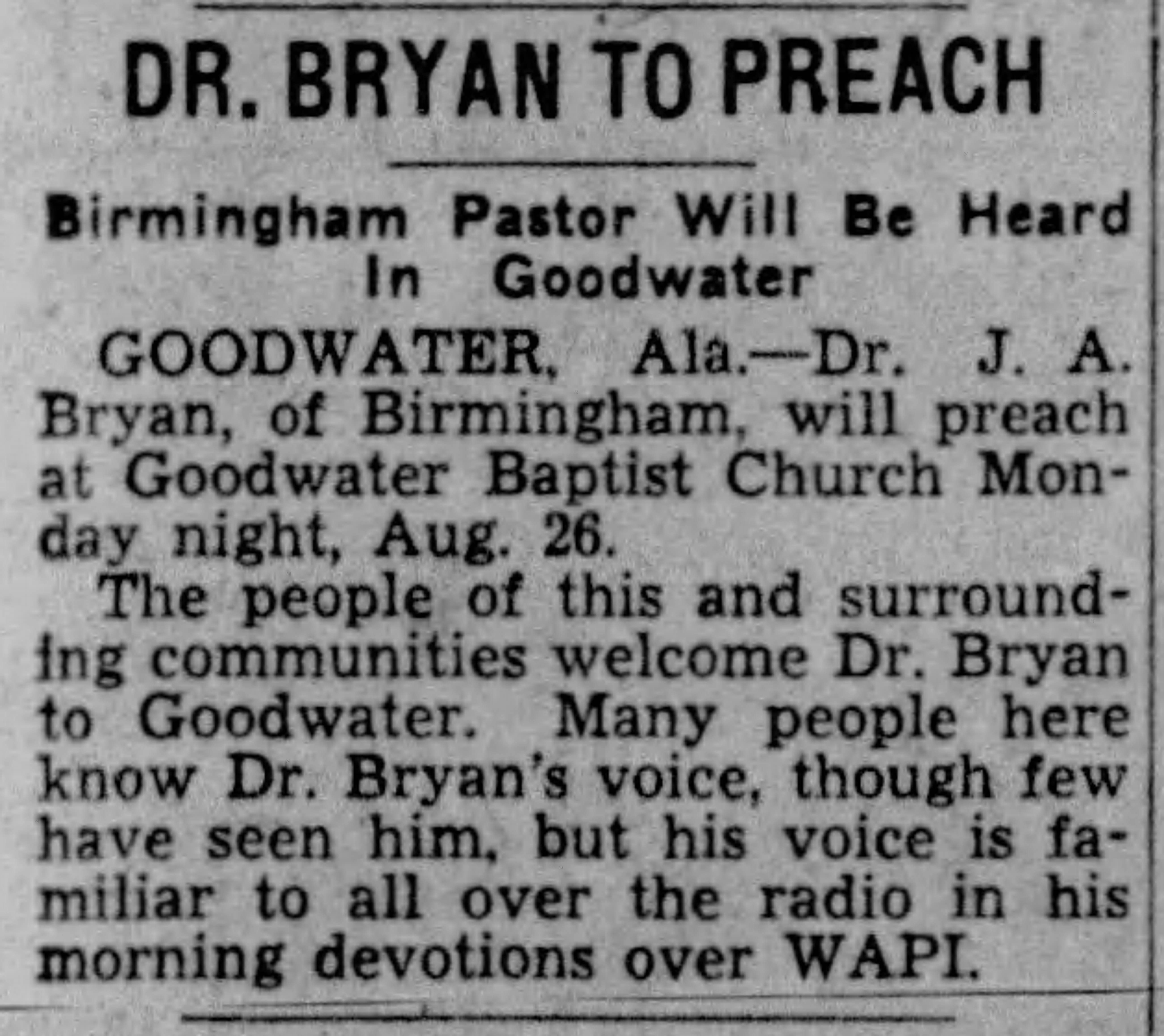 Dr. Bryan To Speak: Goodwater Baptist Church
